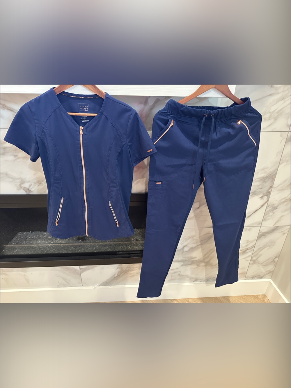 Cherokee Statement Collection Navy Blue Two-Piece Zip Front Scrub Set